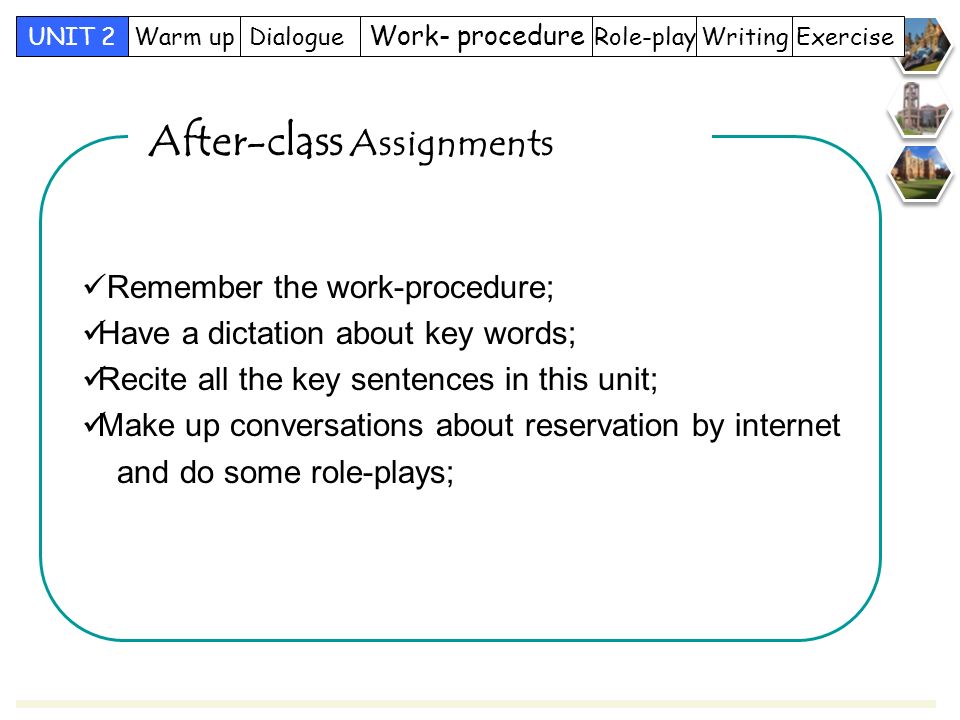 After-class Assignments Role-play Work- procedure DialogueWarm upUNIT 2 WritingExercise Remember the work-procedure; Have a dictation about key words; Recite all the key sentences in this unit; Make up conversations about reservation by internet and do some role-plays;