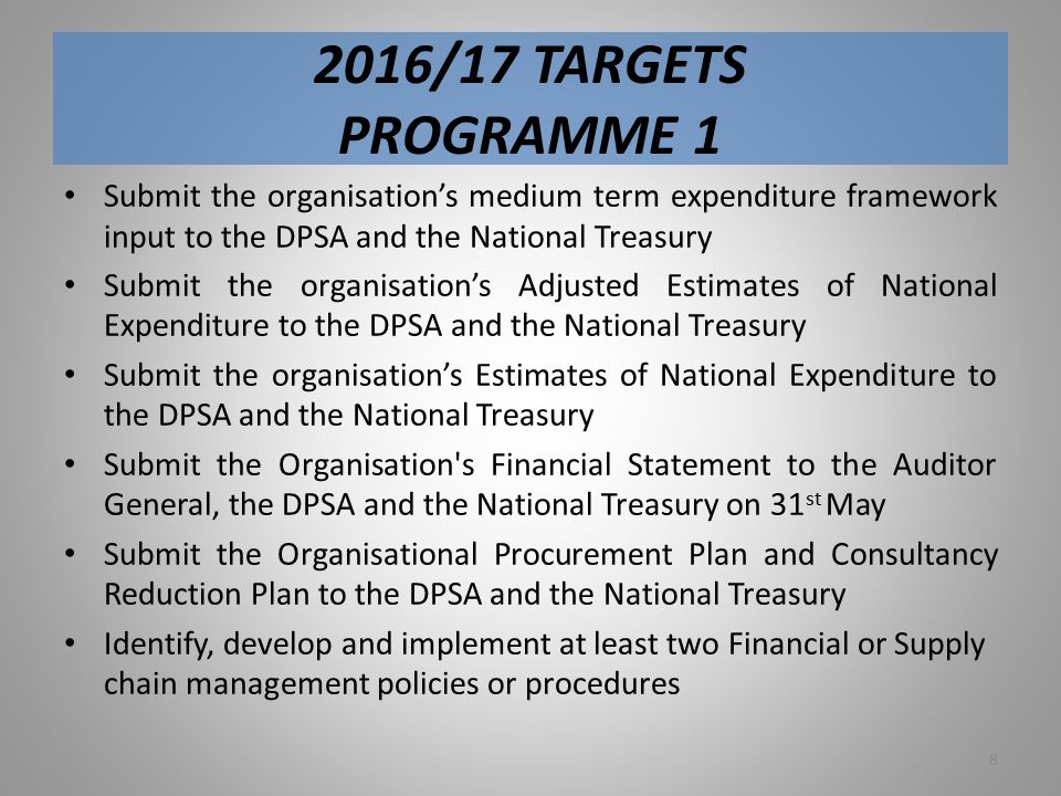 2016/17 TARGETS PROGRAMME 1 Submit the organisation’s medium term expenditure framework input to the DPSA and the National Treasury Submit the organisation’s Adjusted Estimates of National Expenditure to the DPSA and the National Treasury Submit the organisation’s Estimates of National Expenditure to the DPSA and the National Treasury Submit the Organisation s Financial Statement to the Auditor General, the DPSA and the National Treasury on 31 st May Submit the Organisational Procurement Plan and Consultancy Reduction Plan to the DPSA and the National Treasury Identify, develop and implement at least two Financial or Supply chain management policies or procedures 8