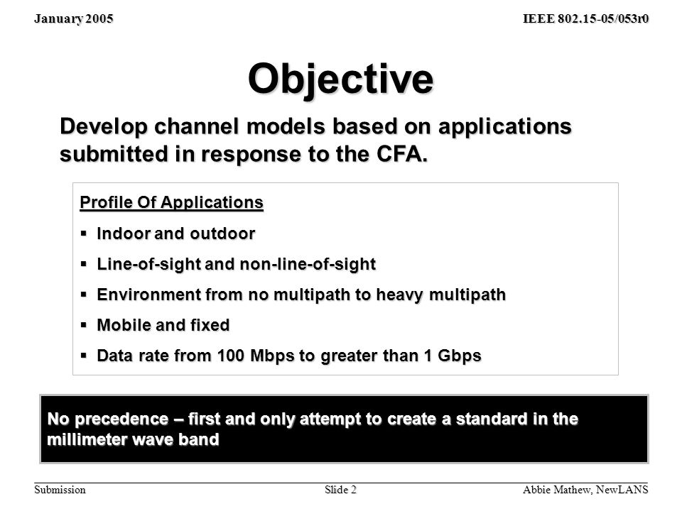 January 2005 Abbie Mathew, NewLANS Slide 2 IEEE /053r0 Submission Objective Develop channel models based on applications submitted in response to the CFA.