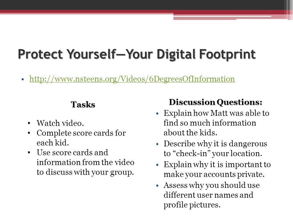 Protect Yourself—Your Digital Footprint   Discussion Questions: Explain how Matt was able to find so much information about the kids.