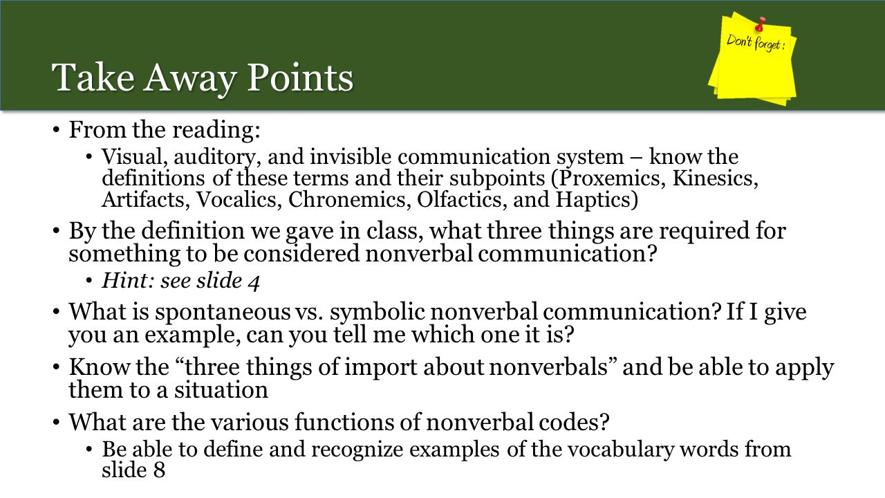 Nonverbal Communication. Take Away Points From the reading: Visual,  auditory, and invisible communication system – know the definitions of  these terms. - ppt download