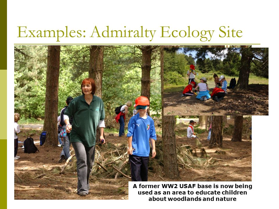 Examples: Admiralty Ecology Site A former WW2 USAF base is now being used as an area to educate children about woodlands and nature