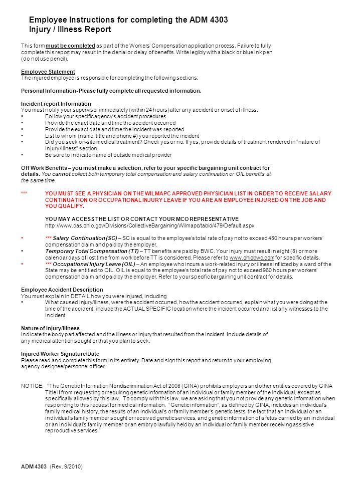 employee instructions for completing the adm 4303 injury illness