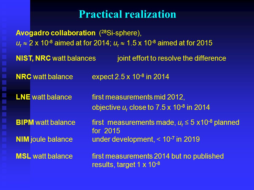 Practical realization Avogadro collaboration ( 28 Si-sphere), u r  2 x aimed at for 2014; u r  1.5 x aimed at for 2015 NIST, NRC watt balancesjoint effort to resolve the difference NRC watt balanceexpect 2.5 x in 2014 LNE watt balancefirst measurements mid 2012, objective u r close to 7.5 x in 2014 BIPM watt balancefirst measurements made, u r ≤ 5 x10 -8 planned for 2015 NIM joule balanceunder development, < in 2019 MSL watt balancefirst measurements 2014 but no published results, target 1 x 10 -8