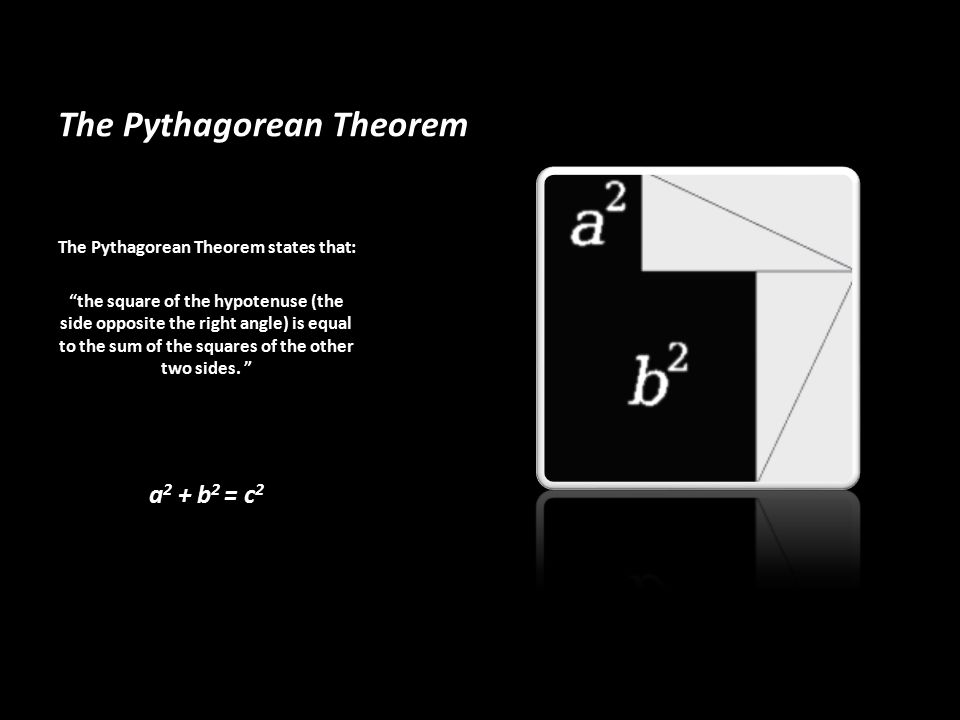 The Pythagorean Theorem The Pythagorean Theorem states that: the square of the hypotenuse (the side opposite the right angle) is equal to the sum of the squares of the other two sides.