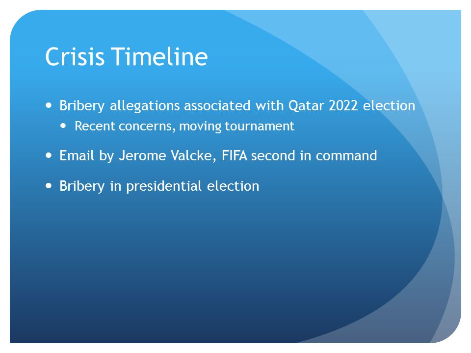 Crisis Timeline Bribery allegations associated with Qatar 2022 election Recent concerns, moving tournament  by Jerome Valcke, FIFA second in command Bribery in presidential election