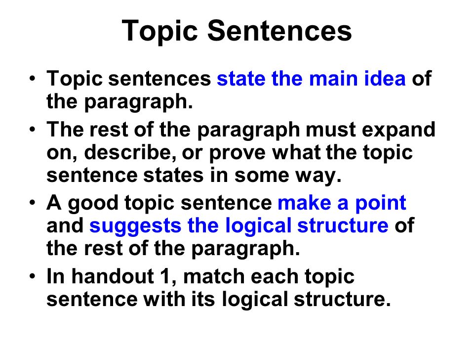 Topic Sentences Topic sentences state the main idea of the paragraph.