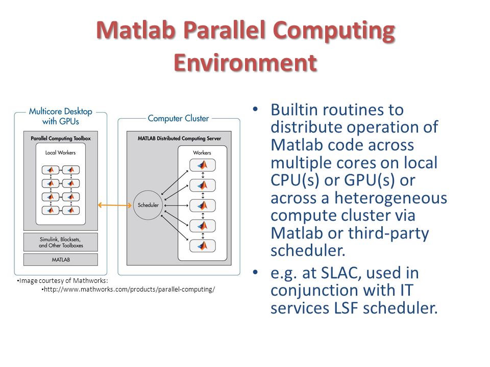Matlab Parallel Computing Environment Builtin routines to distribute operation of Matlab code across multiple cores on local CPU(s) or GPU(s) or across a heterogeneous compute cluster via Matlab or third-party scheduler.