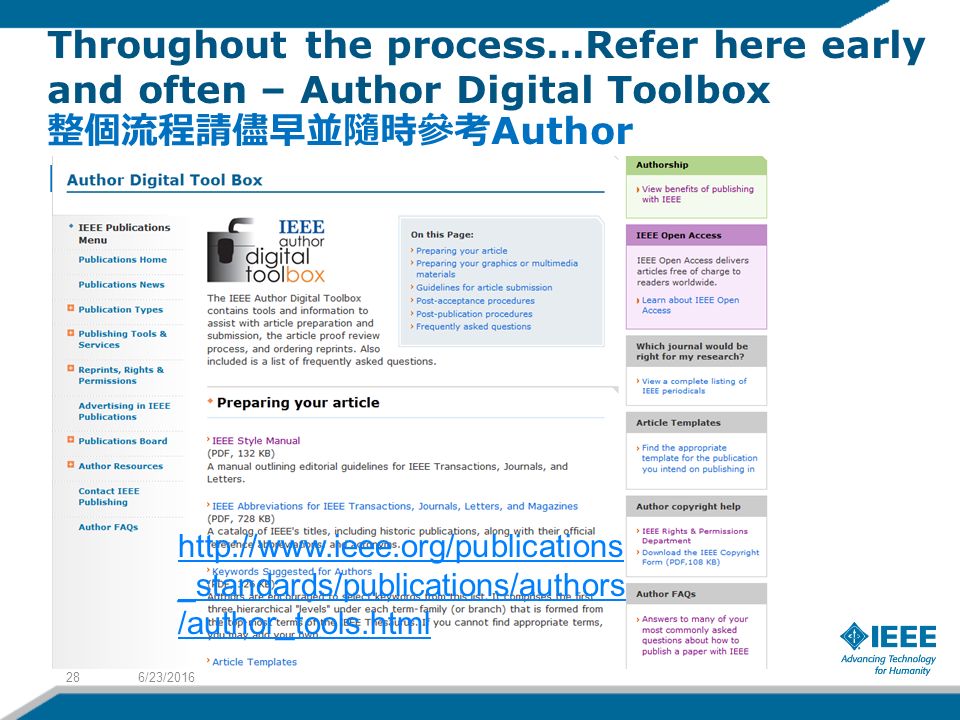 Throughout the process…Refer here early and often – Author Digital Toolbox 整個流程請儘早並隨時參考 Author DigitalToolbox 6/23/ _standards/publications/authors /author_tools.html