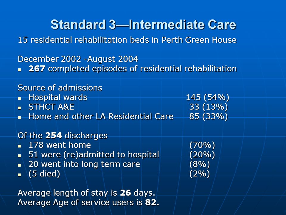 Standard 3—Intermediate Care 15 residential rehabilitation beds in Perth Green House December August completed episodes of residential rehabilitation 267 completed episodes of residential rehabilitation Source of admissions Hospital wards 145 (54%) Hospital wards 145 (54%) STHCT A&E 33 (13%) STHCT A&E 33 (13%) Home and other LA Residential Care 85 (33%) Home and other LA Residential Care 85 (33%) Of the 254 discharges 178 went home (70%) 178 went home (70%) 51 were (re)admitted to hospital (20%) 51 were (re)admitted to hospital (20%) 20 went into long term care (8%) 20 went into long term care (8%) (5 died) (2%) (5 died) (2%) Average length of stay is 26 days.