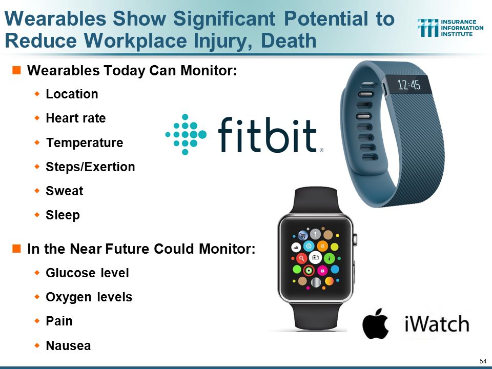 12/01/09 - 9pmeSlide – P6466 – The Financial Crisis and the Future of the P/C 54 Wearables Show Significant Potential to Reduce Workplace Injury, Death Wearables Today Can Monitor:  Location  Heart rate  Temperature  Steps/Exertion  Sweat  Sleep In the Near Future Could Monitor:  Glucose level  Oxygen levels  Pain  Nausea