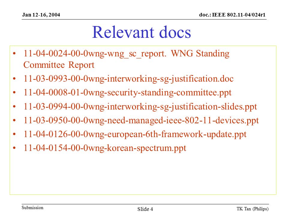 doc.: IEEE /024r1 Submission Jan 12-16, 2004 TK Tan (Philips) Slide 4 Relevant docs wng-wng_sc_report.