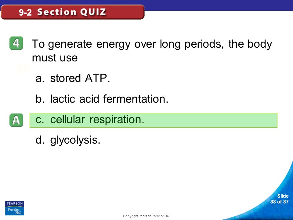 Slide 38 of 37 Copyright Pearson Prentice Hall 9-2 To generate energy over long periods, the body must use a.stored ATP.