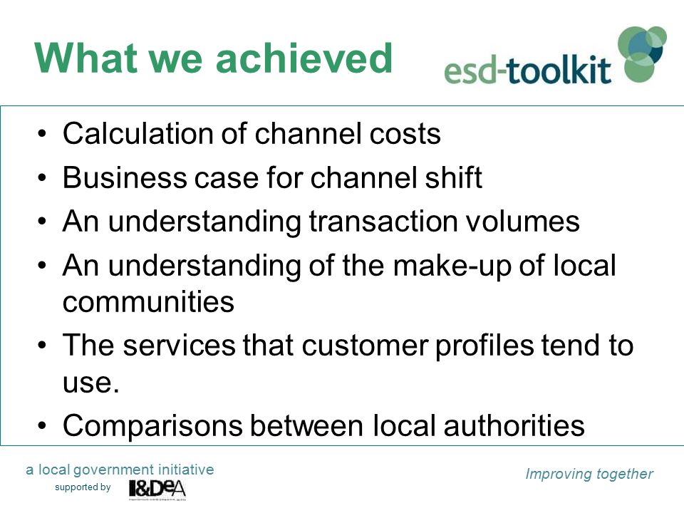 supported by Improving together a local government initiative Calculation of channel costs Business case for channel shift An understanding transaction volumes An understanding of the make-up of local communities The services that customer profiles tend to use.