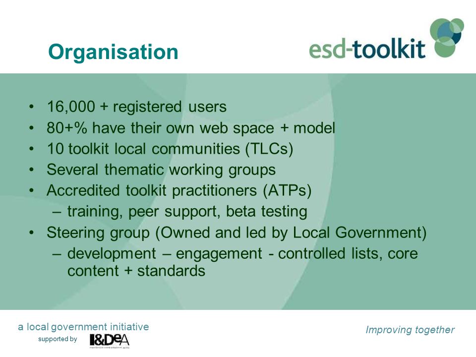 supported by Improving together a local government initiative Organisation 16,000 + registered users 80+% have their own web space + model 10 toolkit local communities (TLCs) Several thematic working groups Accredited toolkit practitioners (ATPs) –training, peer support, beta testing Steering group (Owned and led by Local Government) –development – engagement - controlled lists, core content + standards
