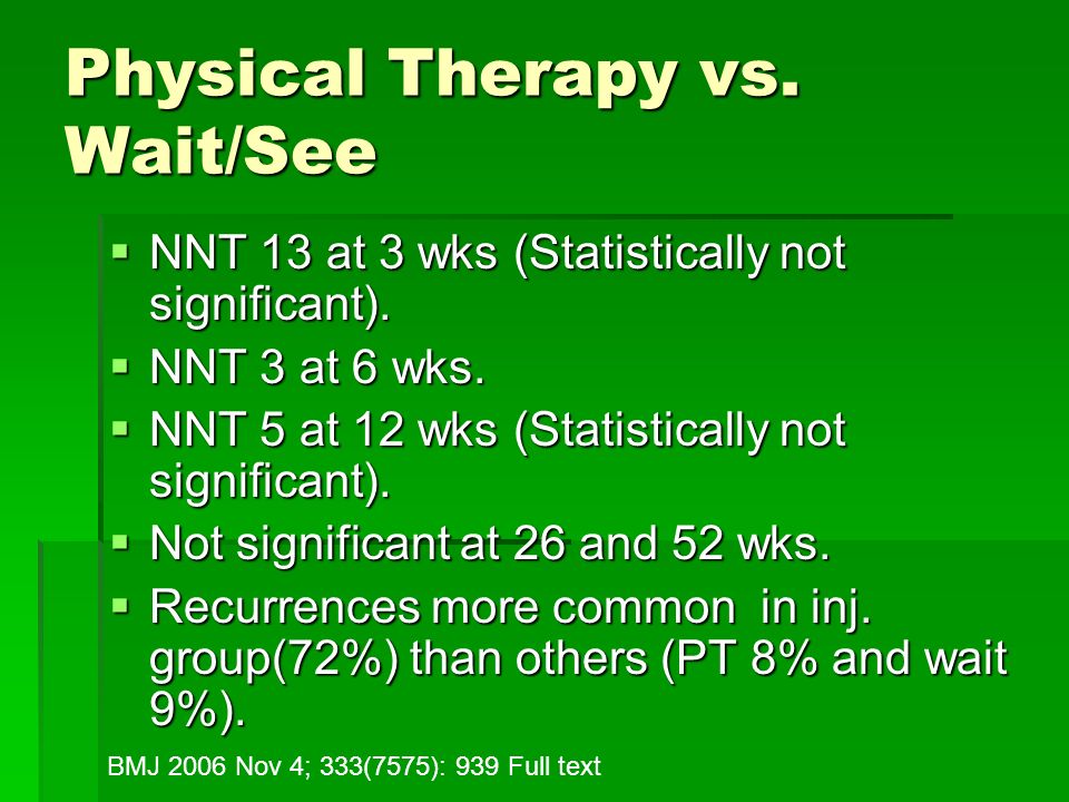 Physical Therapy vs. Wait/See  NNT 13 at 3 wks (Statistically not significant).