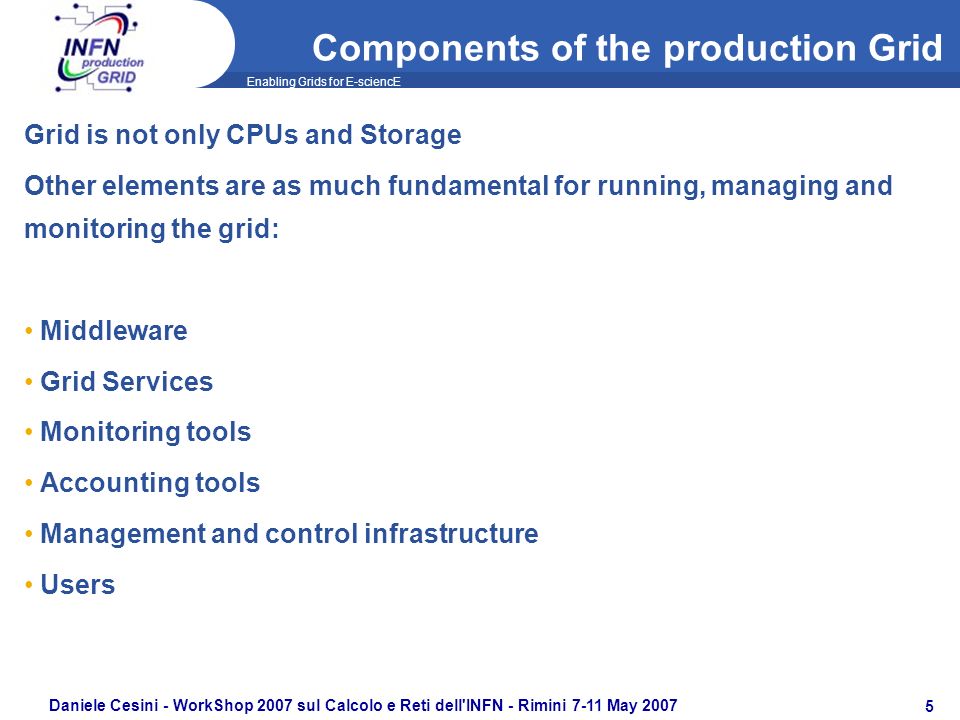 Enabling Grids for E-sciencE Daniele Cesini - WorkShop 2007 sul Calcolo e Reti dell INFN - Rimini 7-11 May Components of the production Grid Grid is not only CPUs and Storage Other elements are as much fundamental for running, managing and monitoring the grid: Middleware Grid Services Monitoring tools Accounting tools Management and control infrastructure Users