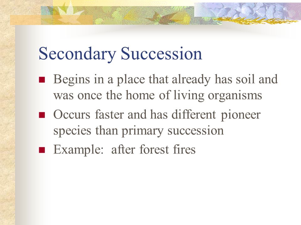 Secondary Succession Begins in a place that already has soil and was once the home of living organisms Occurs faster and has different pioneer species than primary succession Example: after forest fires