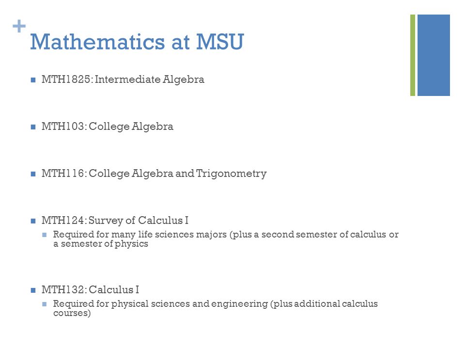 + Mathematics at MSU MTH1825: Intermediate Algebra MTH103: College Algebra MTH116: College Algebra and Trigonometry MTH124: Survey of Calculus I Required for many life sciences majors (plus a second semester of calculus or a semester of physics MTH132: Calculus I Required for physical sciences and engineering (plus additional calculus courses)