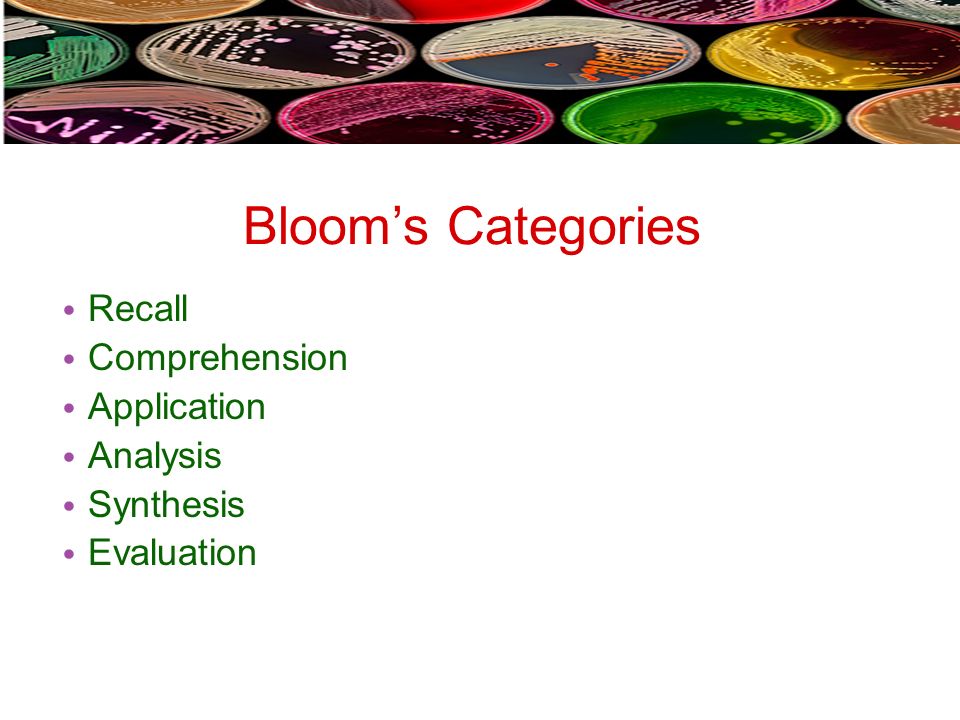 Bloom’s Categories Recall Comprehension Application Analysis Synthesis Evaluation