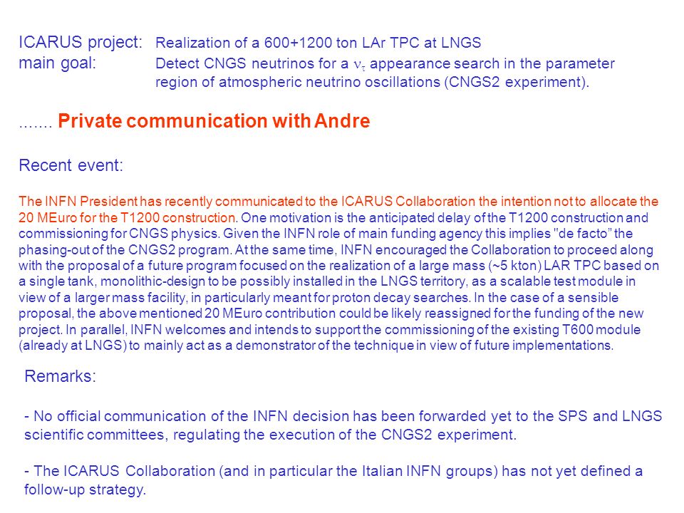 ICARUS project: Realization of a ton LAr TPC at LNGS main goal: Detect CNGS neutrinos for a  appearance search in the parameter region of atmospheric neutrino oscillations (CNGS2 experiment).