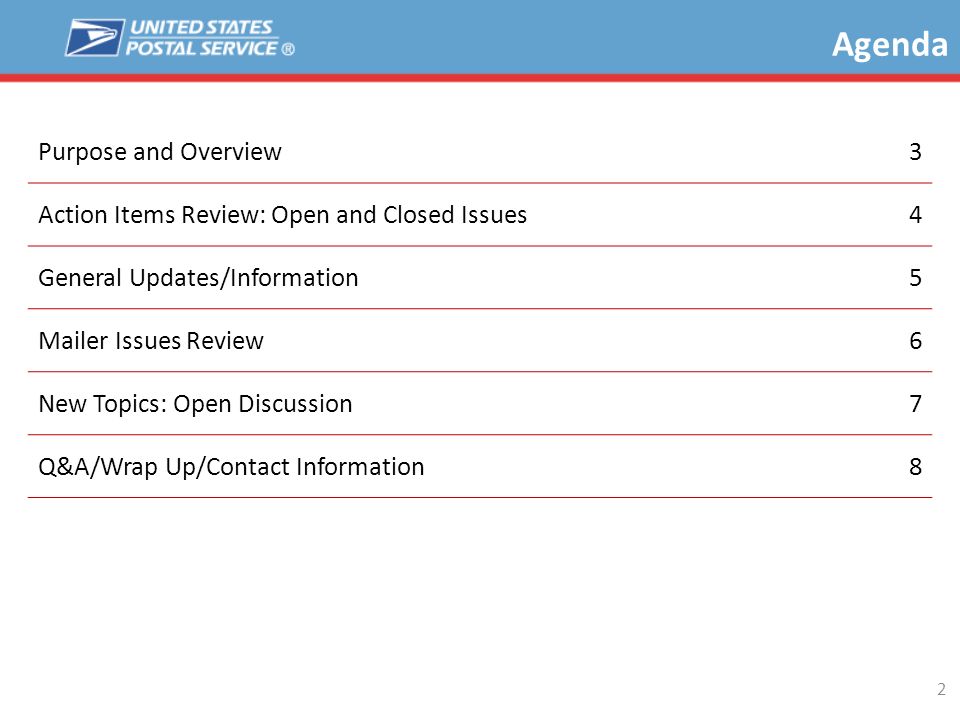 Purpose and Overview3 Action Items Review: Open and Closed Issues4 General Updates/Information5 Mailer Issues Review6 New Topics: Open Discussion7 Q&A/Wrap Up/Contact Information8 6/24/ Agenda