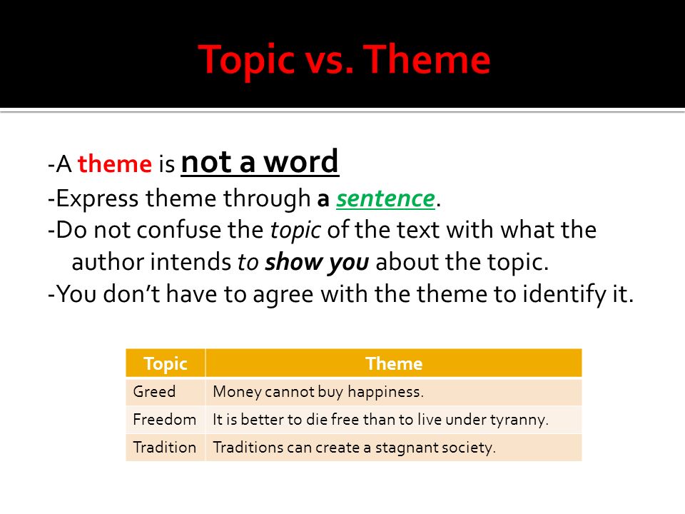 -A theme is not a word -Express theme through a sentence.