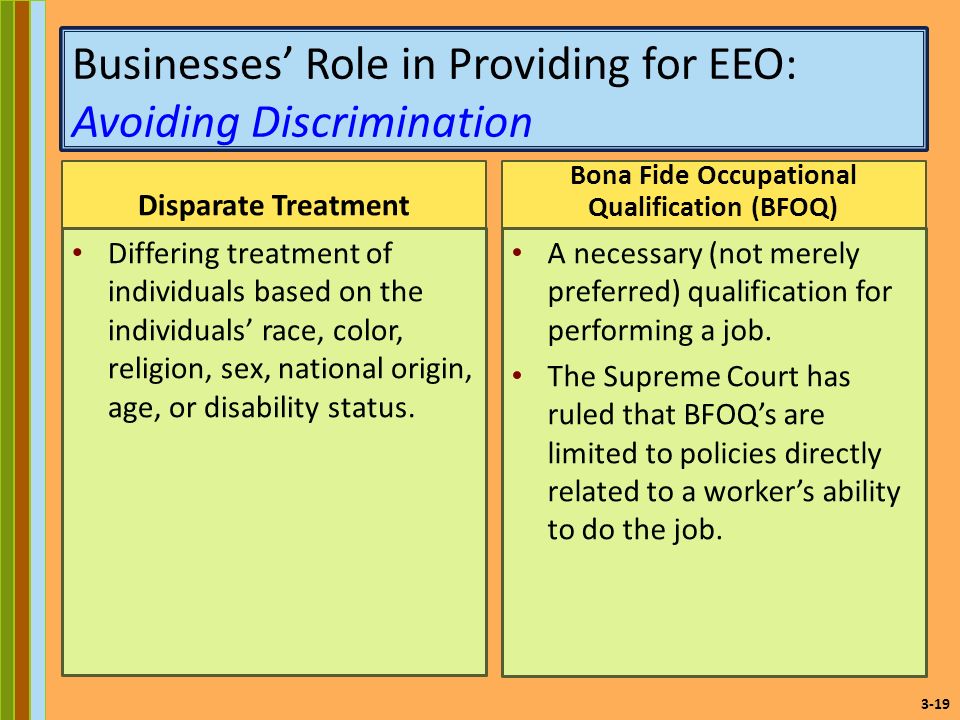 3-19 Businesses’ Role in Providing for EEO: Avoiding Discrimination Disparate Treatment Differing treatment of individuals based on the individuals’ race, color, religion, sex, national origin, age, or disability status.