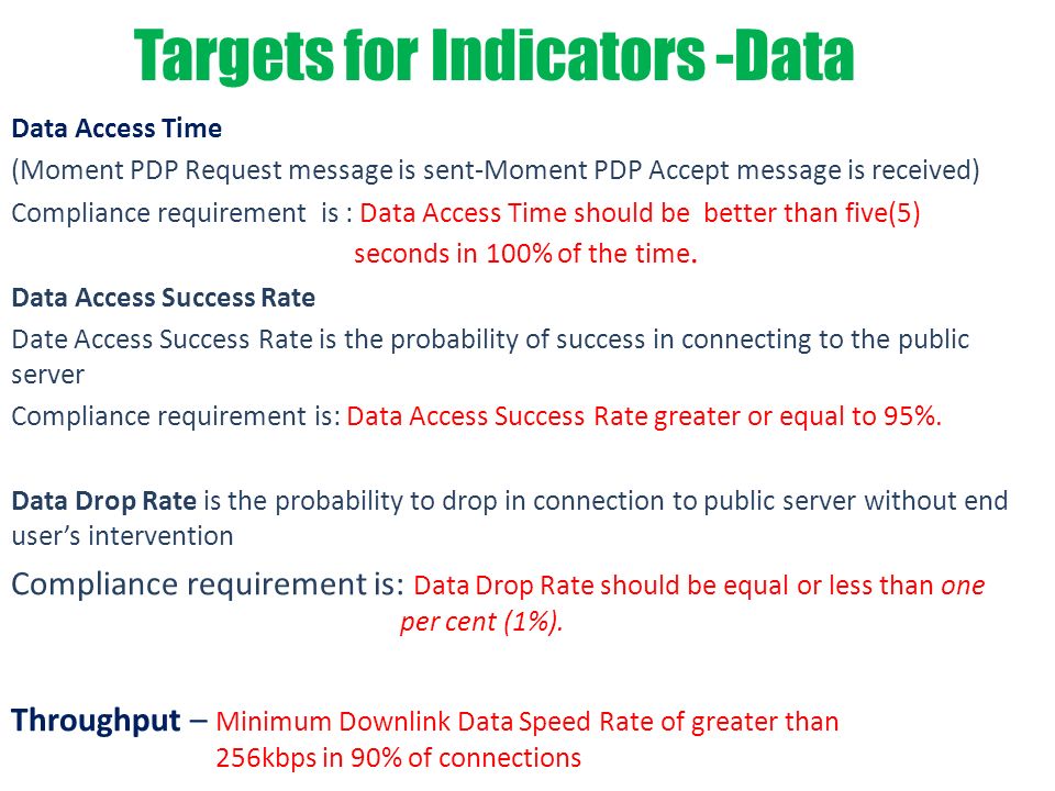 Targets for Indicators -Data Data Access Time (Moment PDP Request message is sent-Moment PDP Accept message is received) Compliance requirement is : Data Access Time should be better than five(5) seconds in 100% of the time.