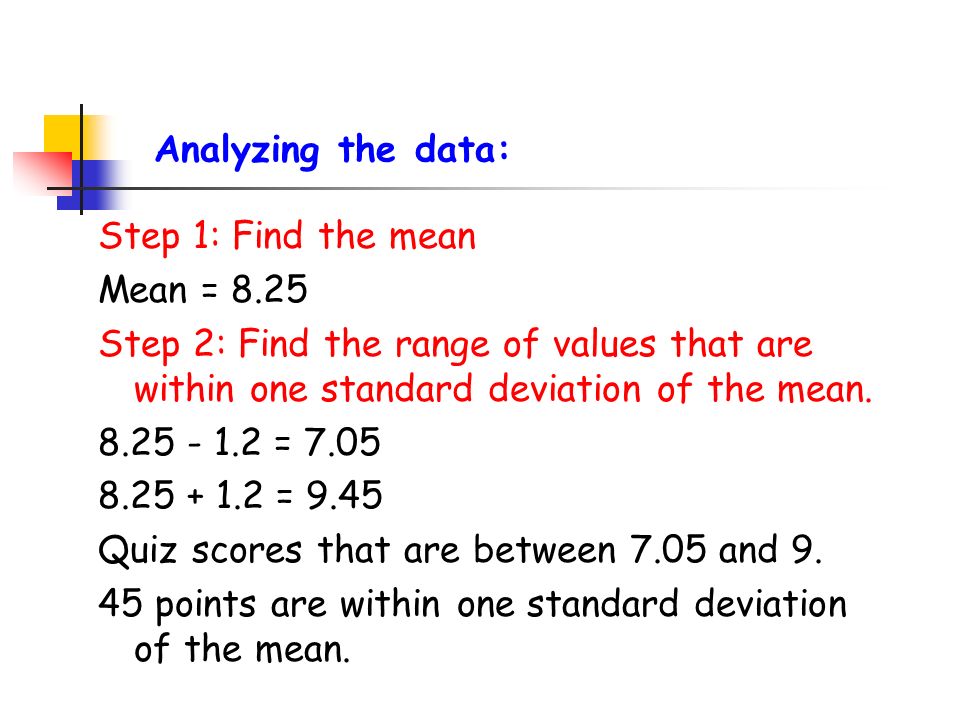Analyzing the data: Step 1: Find the mean Mean = 8.25 Step 2: Find the range of values that are within one standard deviation of the mean.