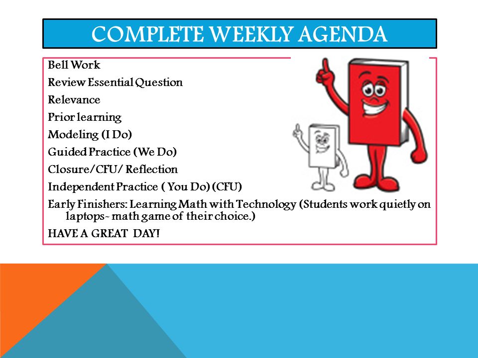 COMPLETE WEEKLY AGENDA Bell Work Review Essential Question Relevance Prior learning Modeling (I Do) Guided Practice (We Do) Closure/CFU/ Reflection Independent Practice ( You Do)(CFU) Early Finishers: Learning Math with Technology (Students work quietly on laptops- math game of their choice.) HAVE A GREAT DAY!