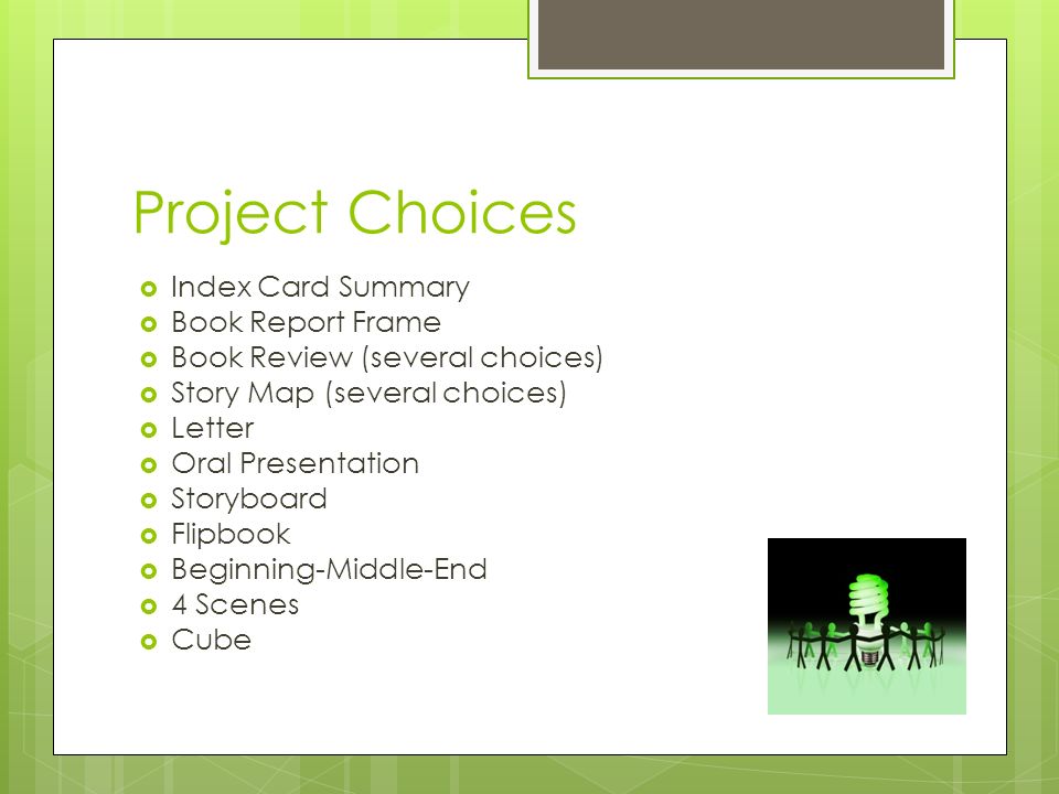 Project Choices  Index Card Summary  Book Report Frame  Book Review (several choices)  Story Map (several choices)  Letter  Oral Presentation  Storyboard  Flipbook  Beginning-Middle-End  4 Scenes  Cube