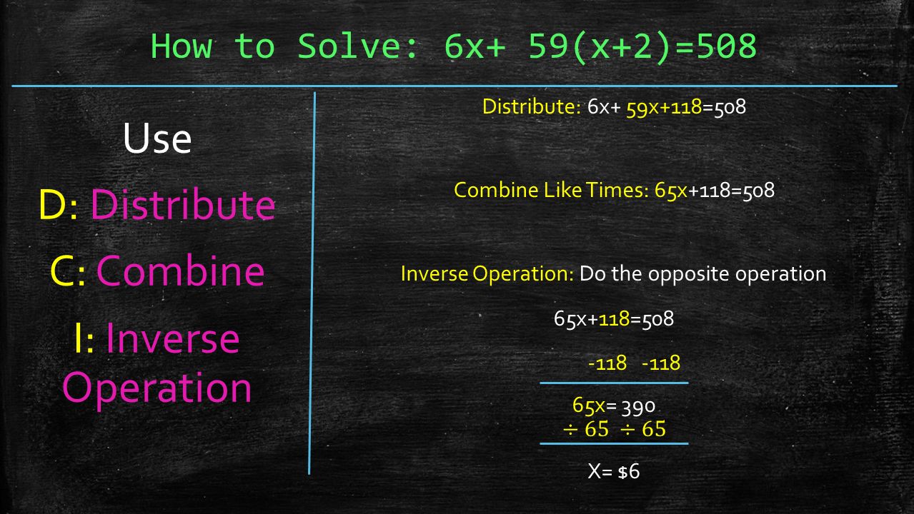 How to Solve: 6x+ 59(x+2)=508 Use D: Distribute C: Combine I: Inverse Operation