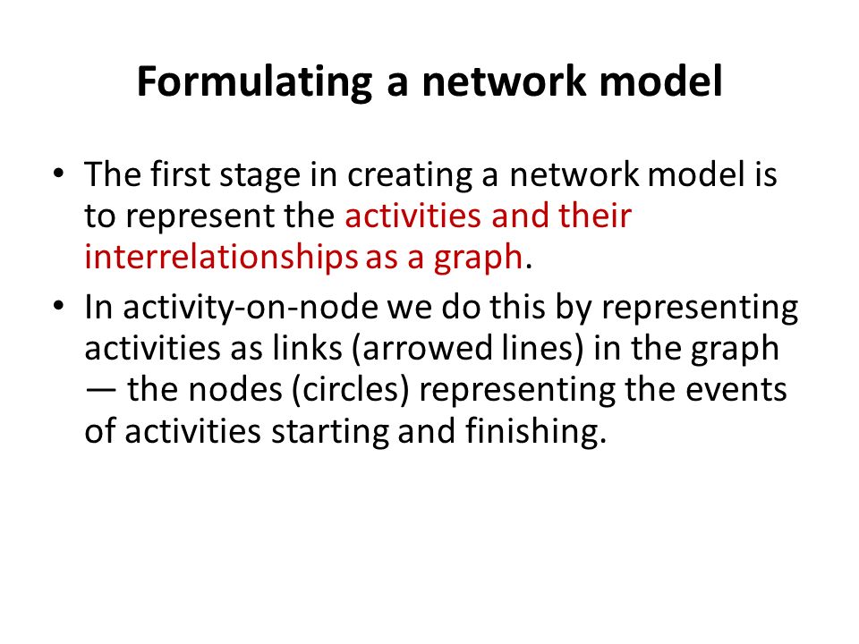 Formulating a network model The first stage in creating a network model is to represent the activities and their interrelationships as a graph.