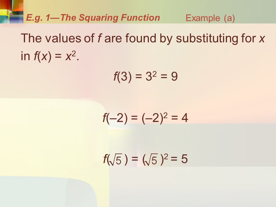 E.g. 1—The Squaring Function The values of f are found by substituting for x in f(x) = x 2.