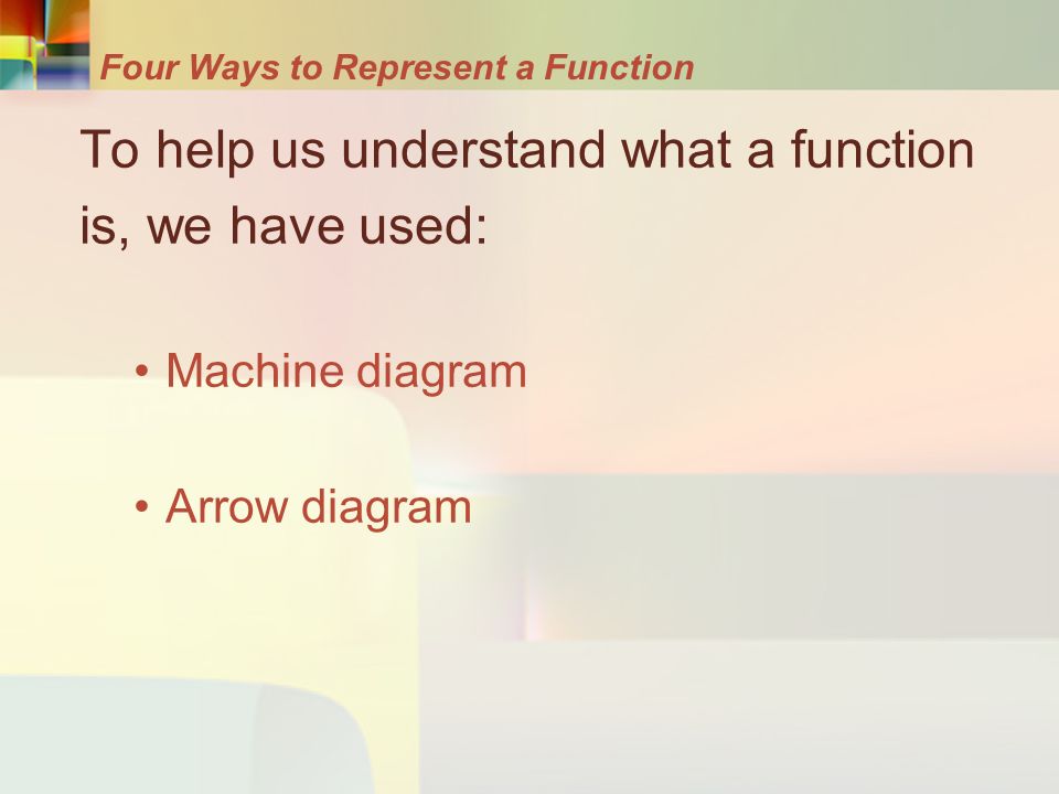 To help us understand what a function is, we have used: Machine diagram Arrow diagram