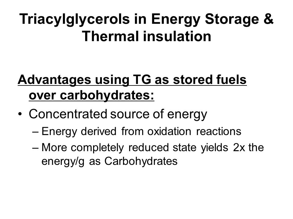 Triacylglycerols in Energy Storage & Thermal insulation In eukaryotic cell: TG as oily droplet in cytosol-metabolic fuel.