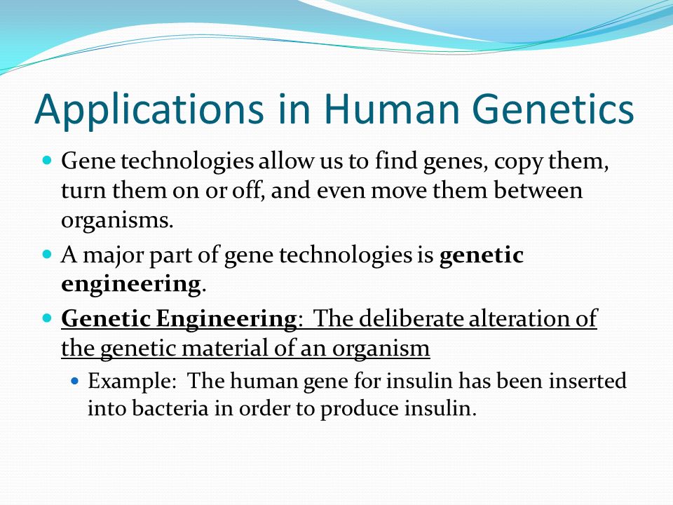 Applications in Human Genetics Gene technologies allow us to find genes, copy them, turn them on or off, and even move them between organisms.