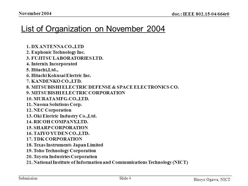 doc.: IEEE /664r0 Submission November 2004 Slide 4 Hiroyo Ogawa, NICT List of Organization on November