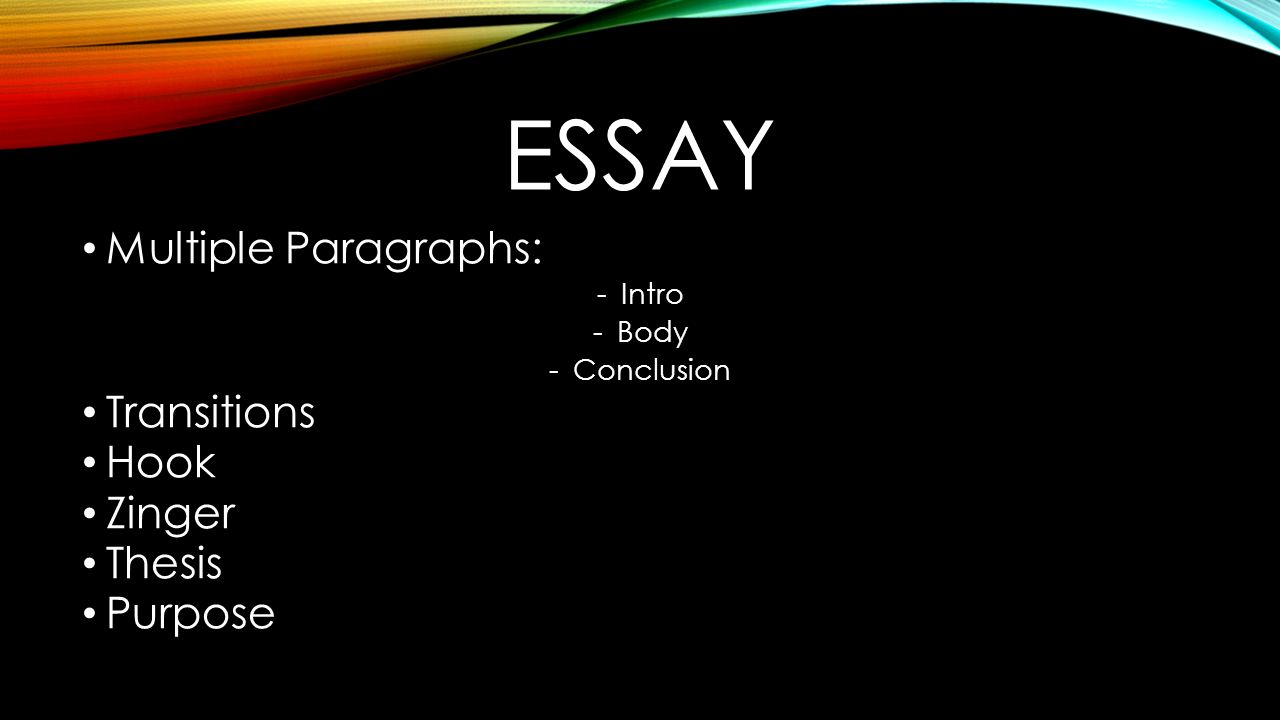 ESSAY Multiple Paragraphs: -Intro -Body -Conclusion Transitions Hook Zinger Thesis Purpose