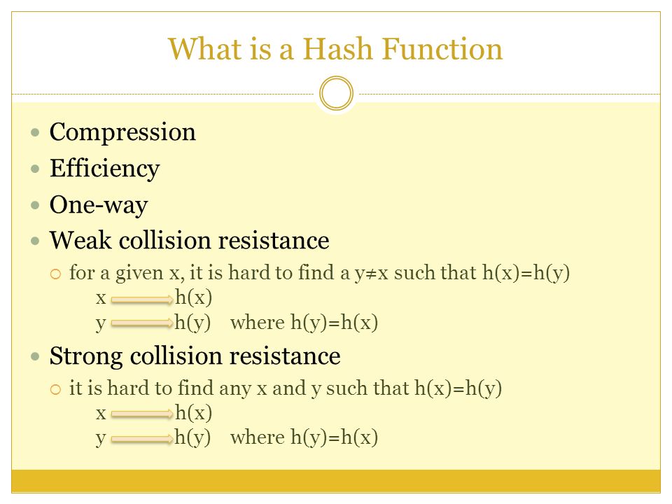 Compression Efficiency One-way Weak collision resistance  for a given x, it is hard to find a y≠x such that h(x)=h(y) x h(x) y h(y)where h(y)=h(x) Strong collision resistance  it is hard to find any x and y such that h(x)=h(y) x h(x) y h(y)where h(y)=h(x)