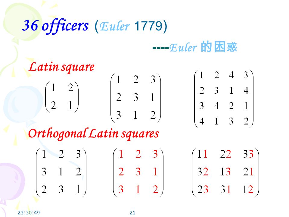 Orthogonal Latin squares 2123:32:21 36 officers ( Euler 1779 ) Latin square ---- Euler 的困 惑