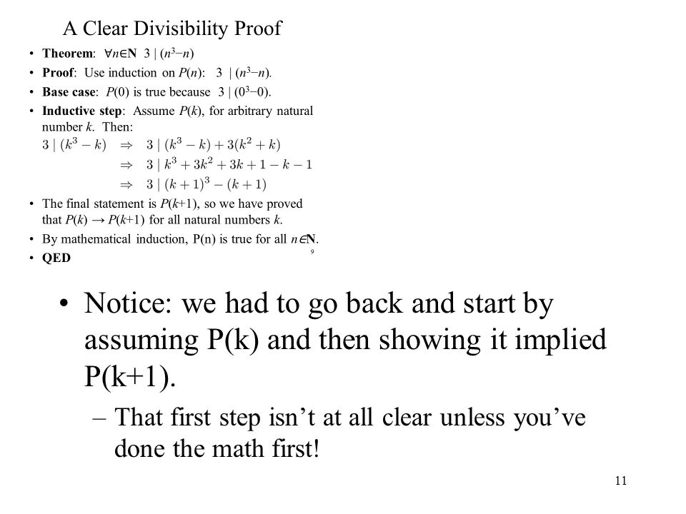 Notice: we had to go back and start by assuming P(k) and then showing it implied P(k+1).