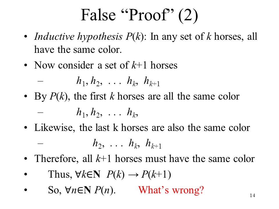 False Proof (2) Inductive hypothesis P(k): In any set of k horses, all have the same color.