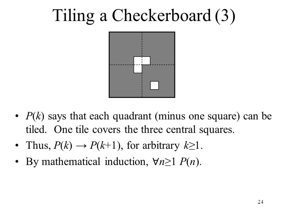 Tiling a Checkerboard (3) P(k) says that each quadrant (minus one square) can be tiled.
