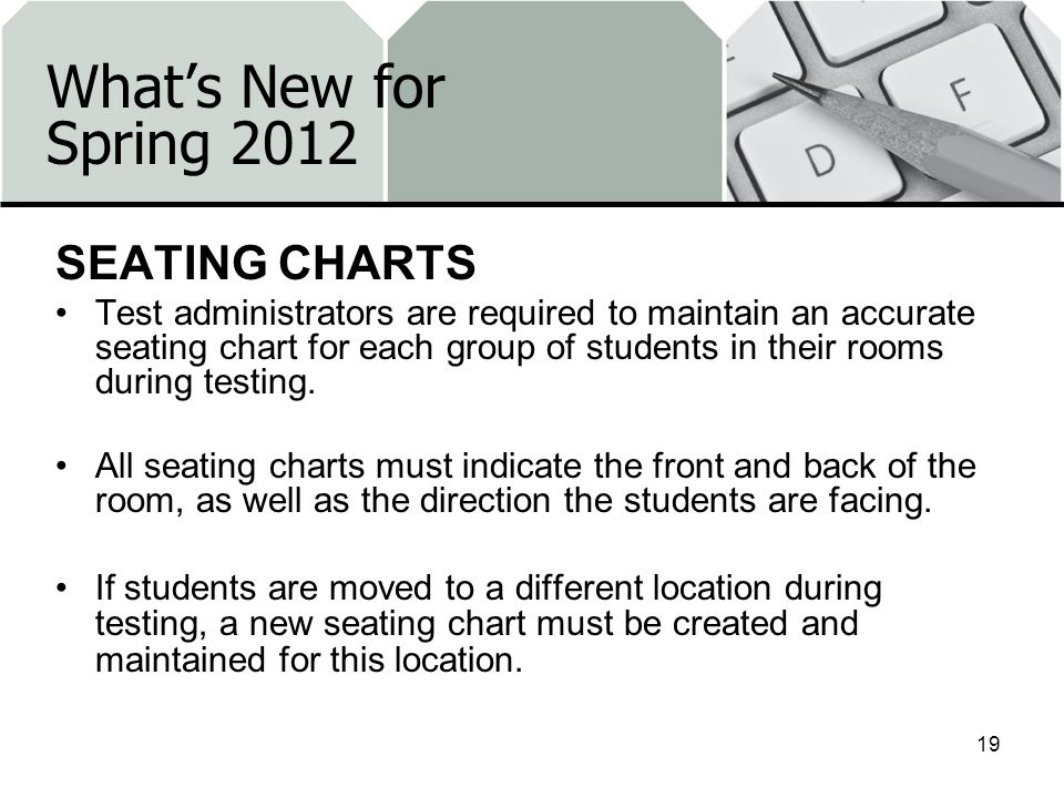 What’s New for Spring 2012 SEATING CHARTS Test administrators are required to maintain an accurate seating chart for each group of students in their rooms during testing.