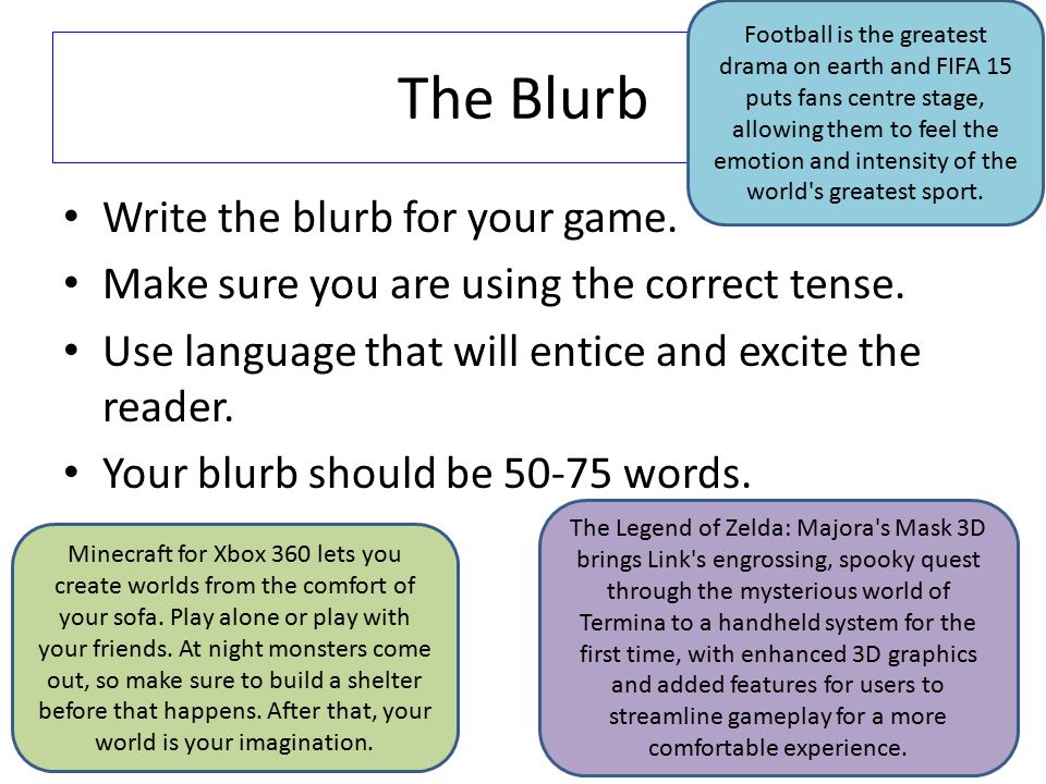 The Blurb Write the blurb for your game. Make sure you are using the correct tense.