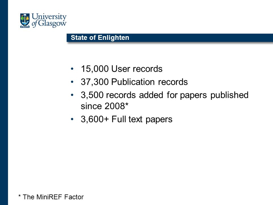 State of Enlighten 15,000 User records 37,300 Publication records 3,500 records added for papers published since 2008* 3,600+ Full text papers * The MiniREF Factor
