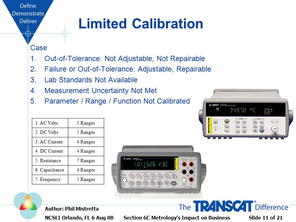 Case 1.Out-of-Tolerance: Not Adjustable, Not Repairable 2.Failure or Out-of-Tolerance: Adjustable, Repairable 3.Lab Standards Not Available 4.Measurement Uncertainty Not Met 5.Parameter / Range / Function Not Calibrated 1.