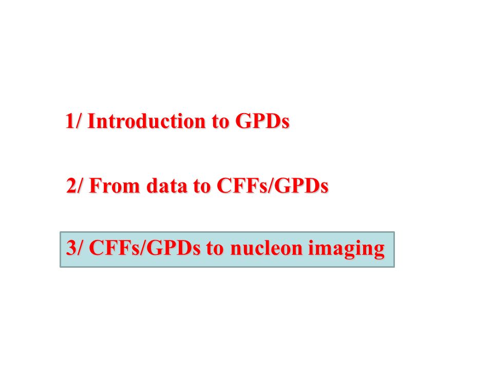 1/ Introduction to GPDs 2/ From data to CFFs/GPDs 3/ CFFs/GPDs to nucleon imaging
